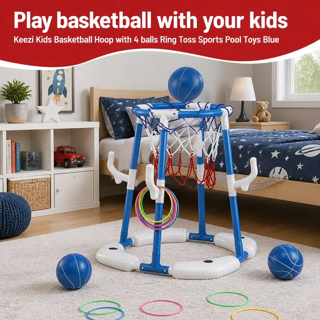 Kids Basketball Hoop Ring Toss Activity Centre Blue 43 x 33 x 77-105 cm Indoor Outdoor