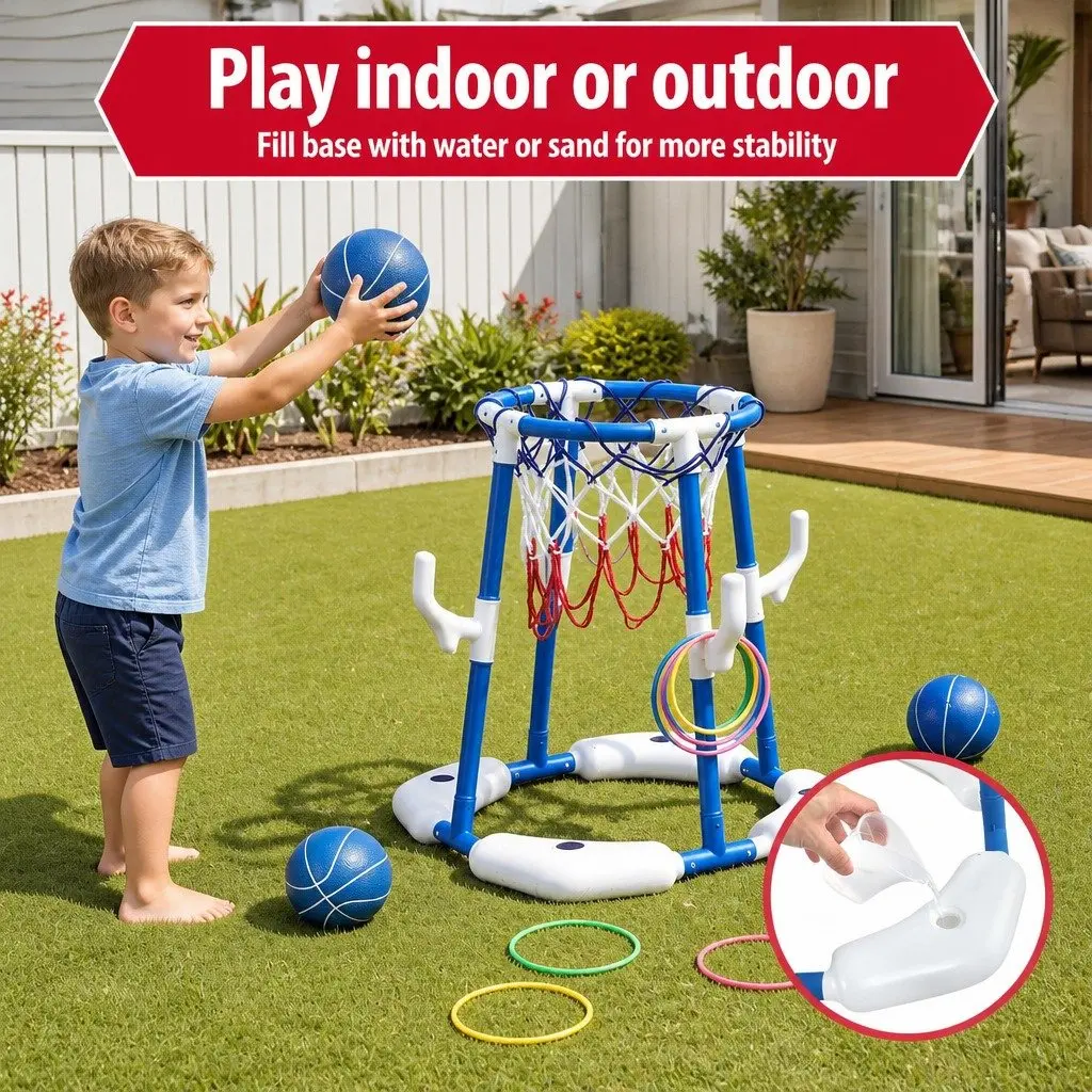 Kids Basketball Hoop Ring Toss Activity Centre Blue 43 x 33 x 77-105 cm Indoor Outdoor