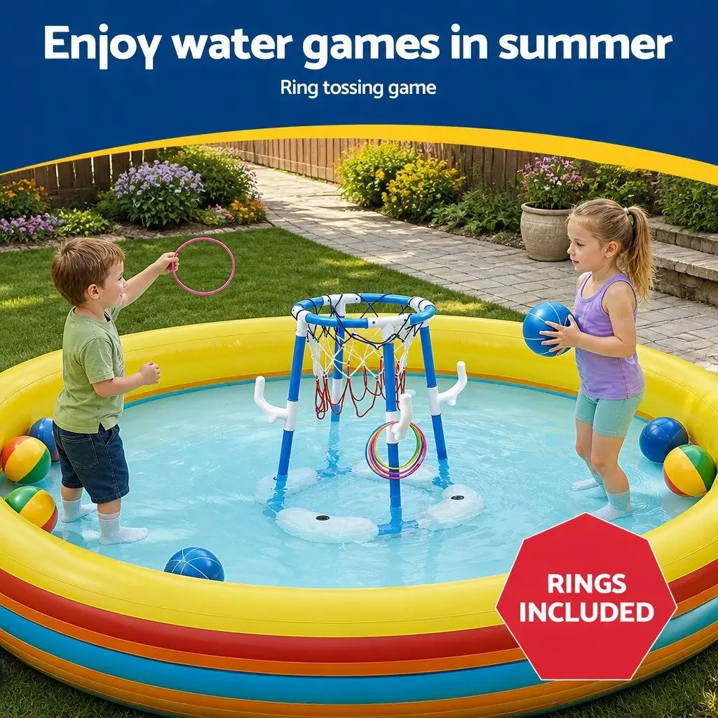 Kids Basketball Hoop Ring Toss Activity Centre Blue 43 x 33 x 77-105 cm Indoor Outdoor