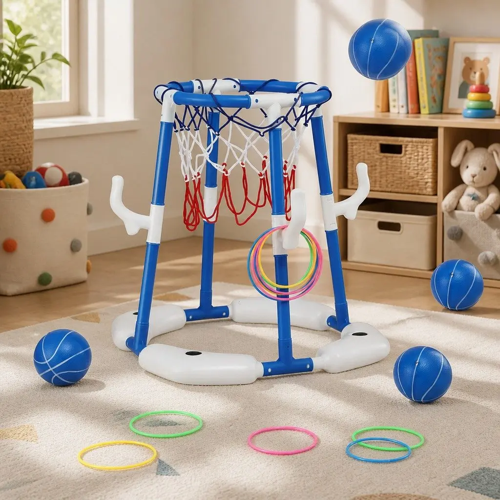 Kids Basketball Hoop Ring Toss Activity Centre Blue 43 x 33 x 77-105 cm Indoor Outdoor