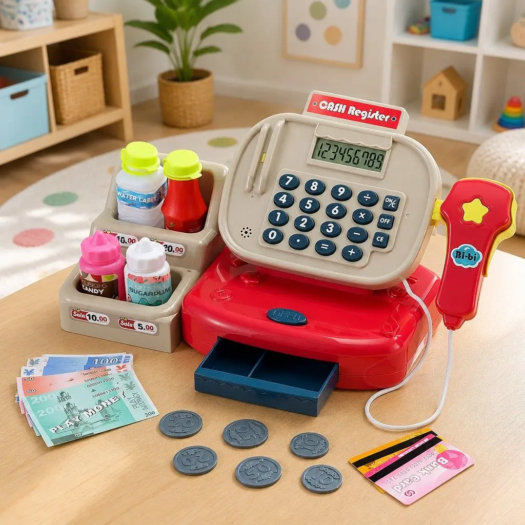 Kids Cash Register Pretend Play Set Shopping Role Play Toy with Calculator