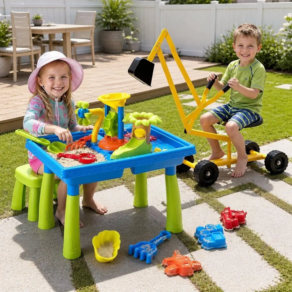 Ride On Digger Toy with Sand Water Table Outdoor Play Set Multicolour