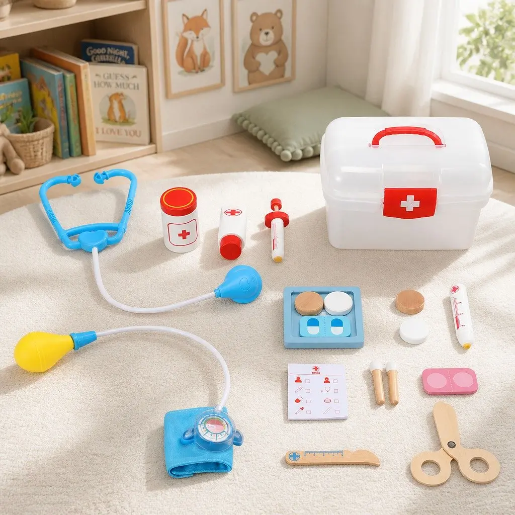 Kids Medical Pretend Playset 16 Piece Multicolour Toy Kit with Wearable Stethoscope for Doctor and Nurse Roleplay