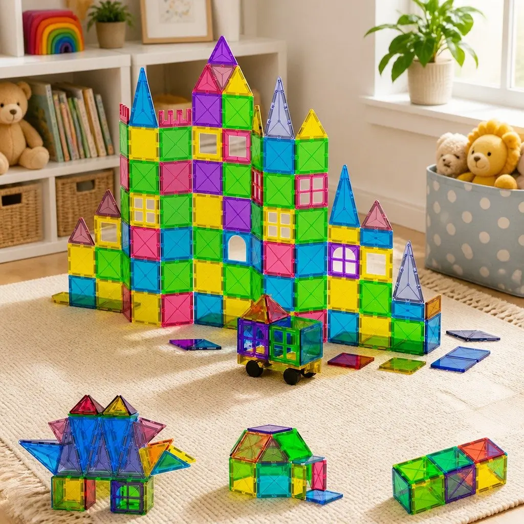 Magnetic Tiles Building Blocks ABS Plastic 100 Piece Kids Educational Construction Toys STEM Red Yellow Green