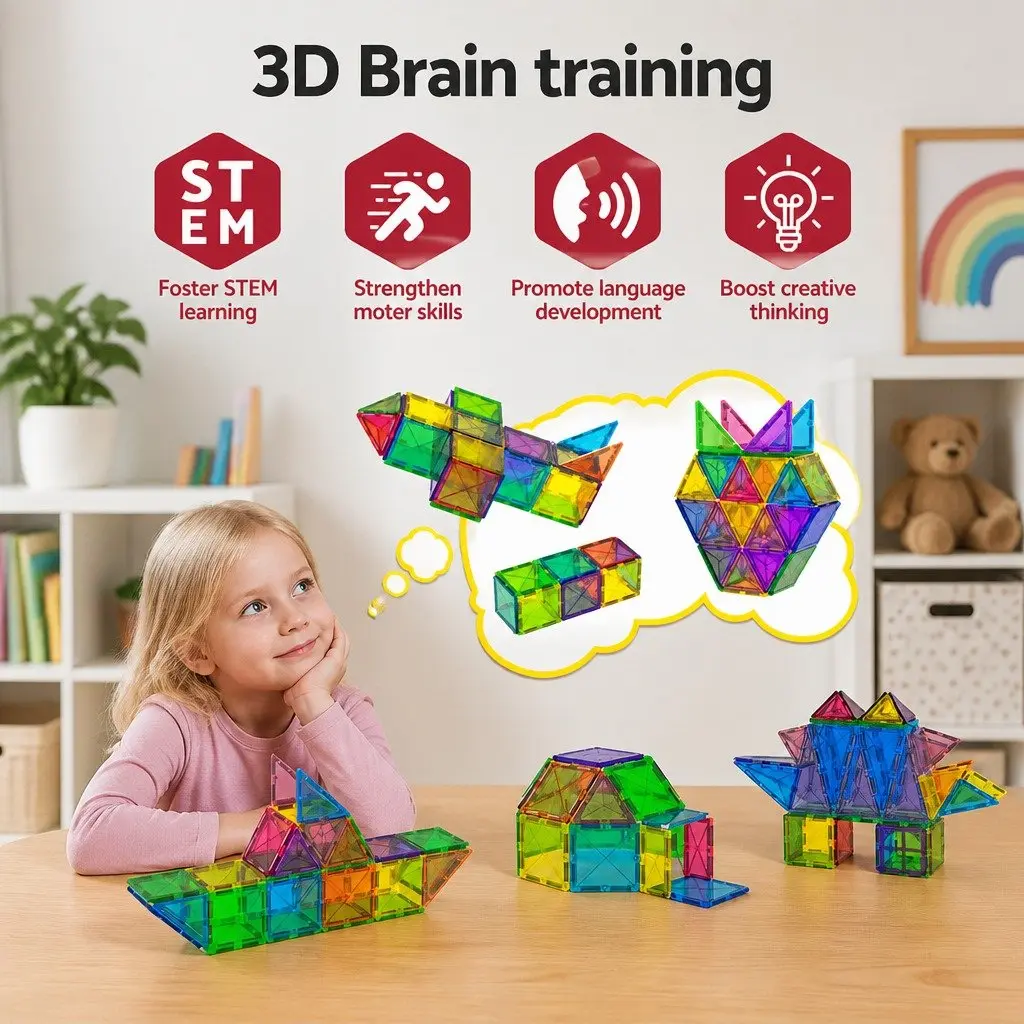 Magnetic Tiles Building Blocks ABS Plastic 100 Piece Kids Educational Construction Toys STEM Red Yellow Green