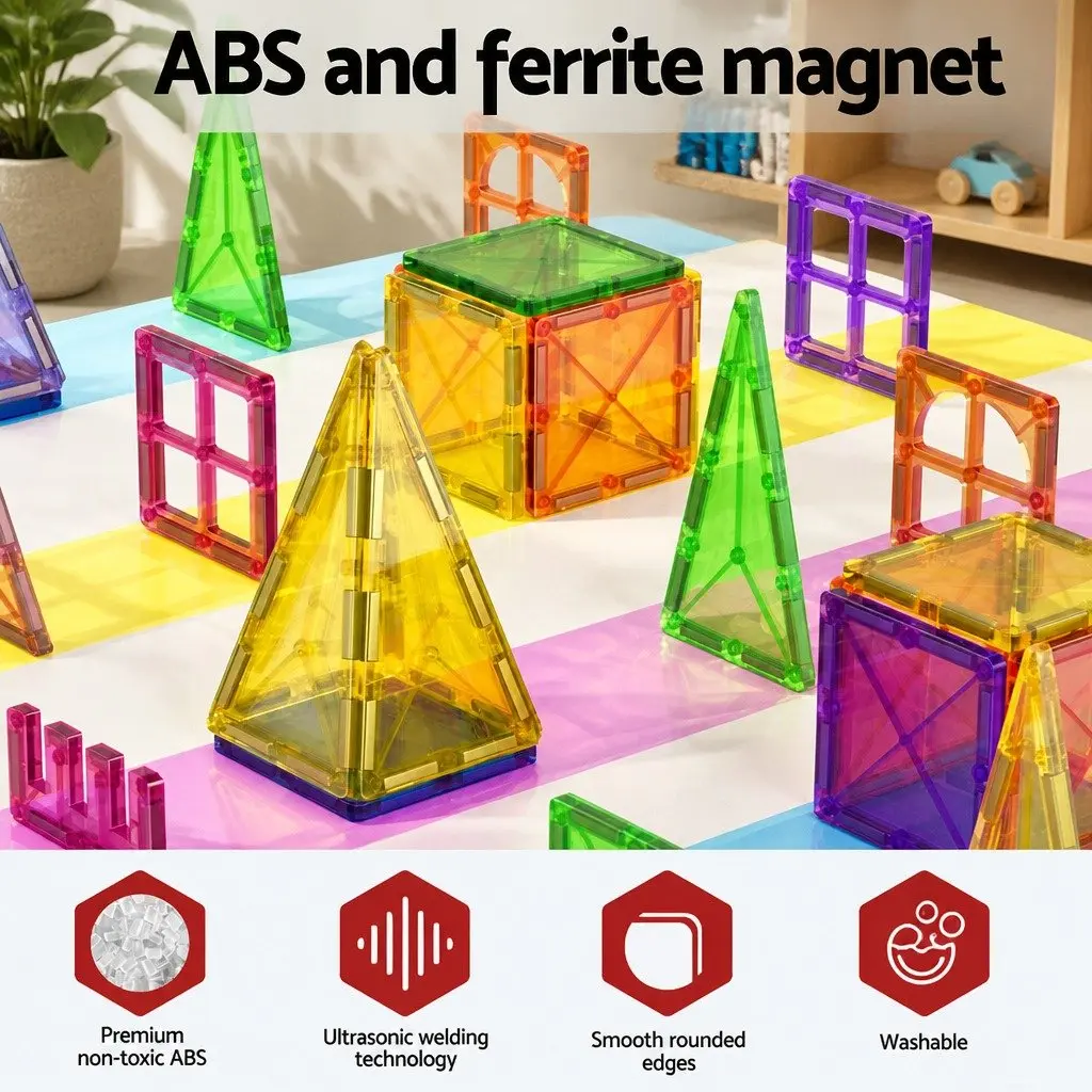 Magnetic Tiles Building Blocks ABS Plastic 100 Piece Kids Educational Construction Toys STEM Red Yellow Green