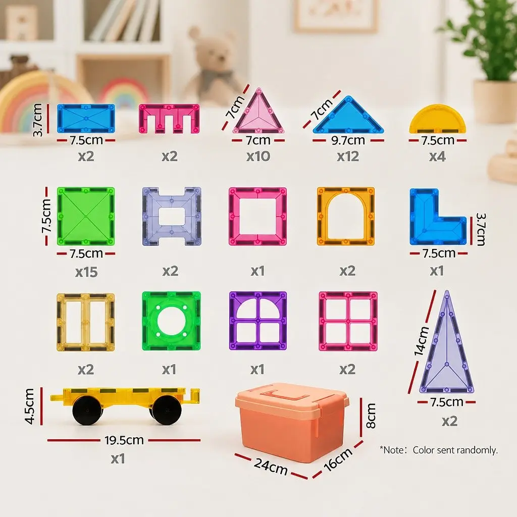 Magnetic Tiles Building Toys 60 Piece ABS Plastic Red Yellow Green Educational Construction Set