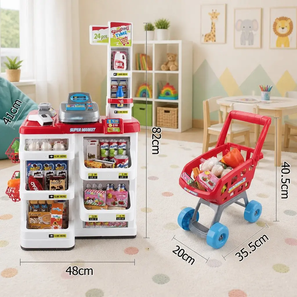 Kids Pretend Play Supermarket Playset 24pc Cash Register Trolley Educational Toy