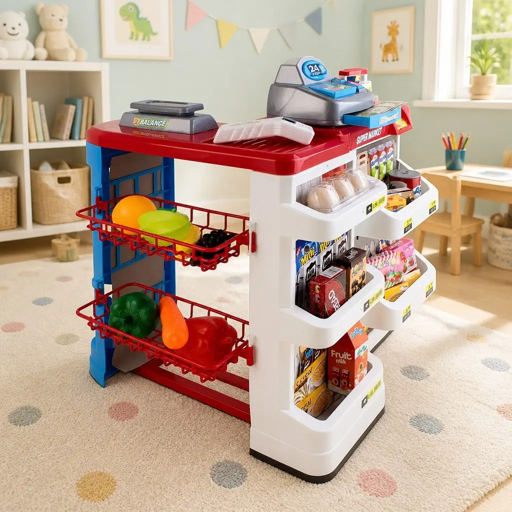 Kids Pretend Play Supermarket Playset 24pc Cash Register Trolley Educational Toy