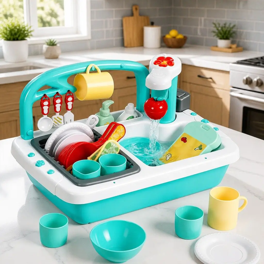 Kids Pretend Play Kitchen Sink Toy Sensor Control Dishwasher Water Cycle Green 38cm x 27cm x 25cm