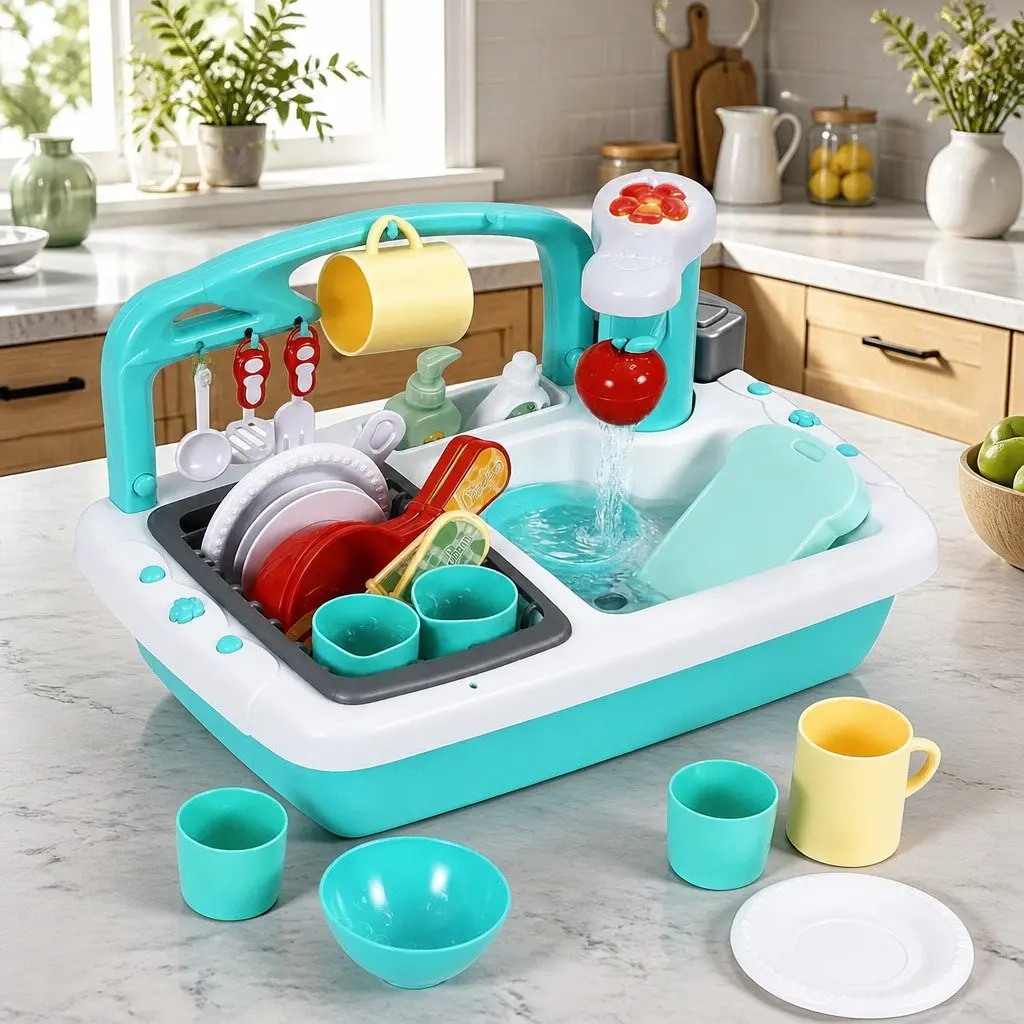 Kids Pretend Play Kitchen Sink Toy Sensor Control Dishwasher Water Cycle Green 38cm x 27cm x 25cm
