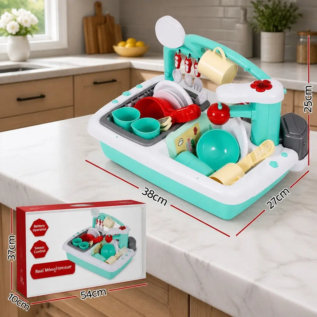 Kids Pretend Play Kitchen Sink Toy Sensor Control Dishwasher Water Cycle Green 38cm x 27cm x 25cm