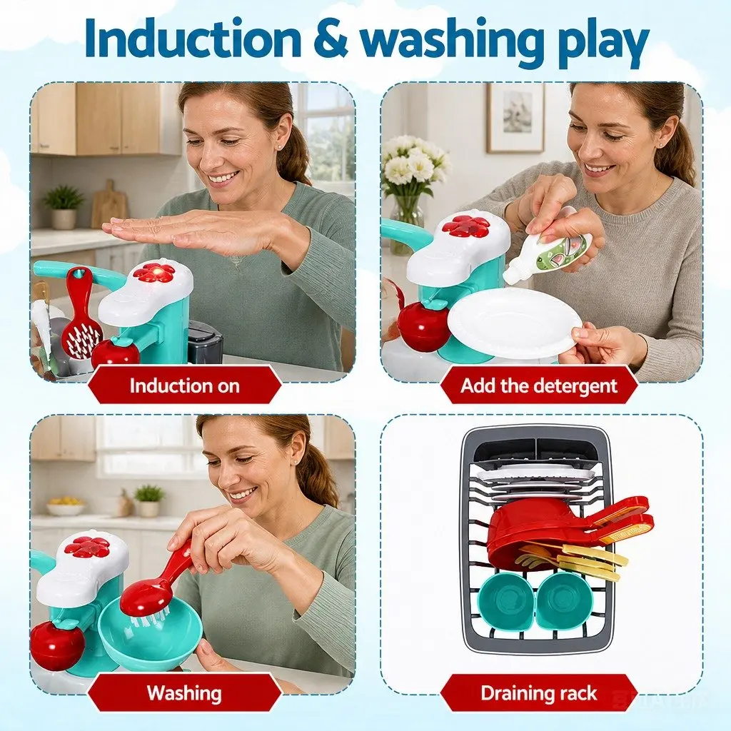 Kids Pretend Play Kitchen Sink Toy Sensor Control Dishwasher Water Cycle Green 38cm x 27cm x 25cm