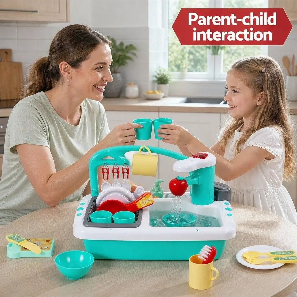 Kids Pretend Play Kitchen Sink Toy Sensor Control Dishwasher Water Cycle Green 38cm x 27cm x 25cm