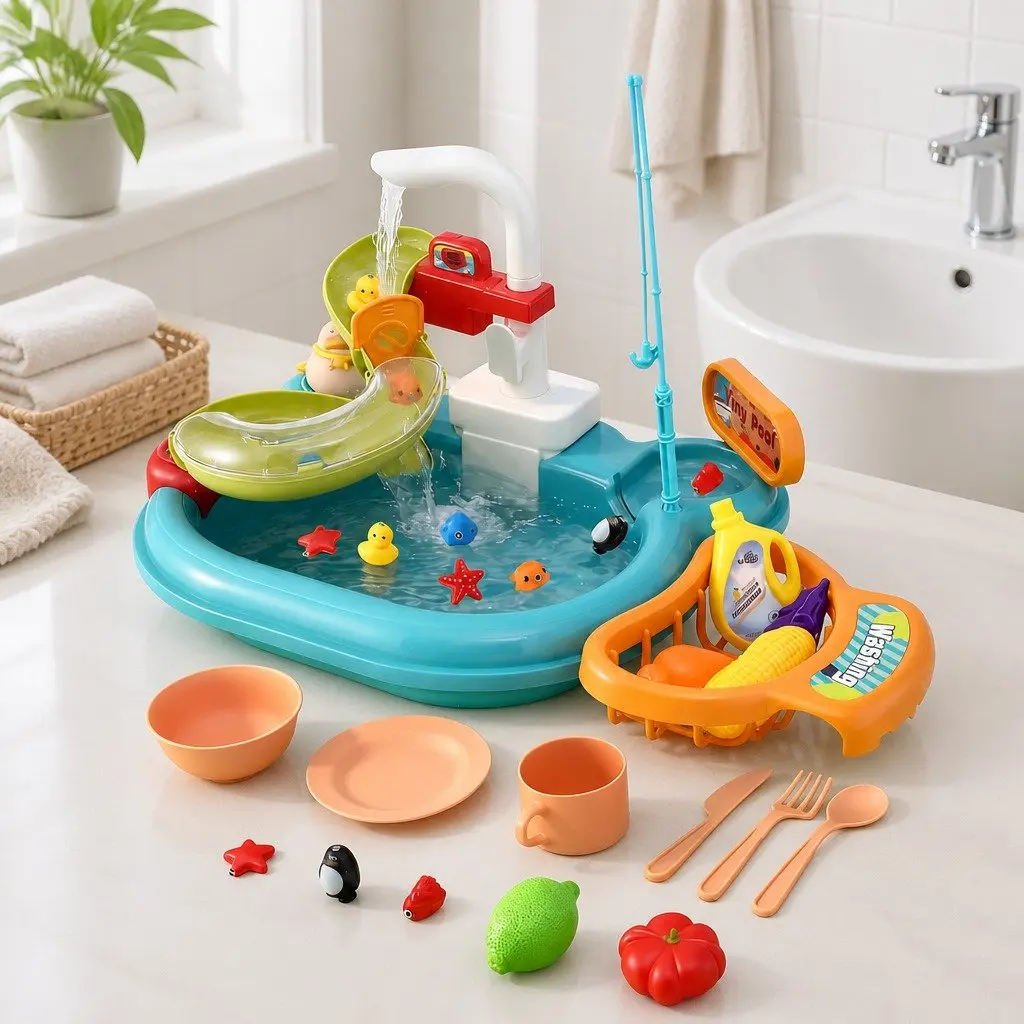 Kids Pretend Play Kitchen Sink Set Multifunctional Plastic 46 x 28 x 23 cm Multicolour