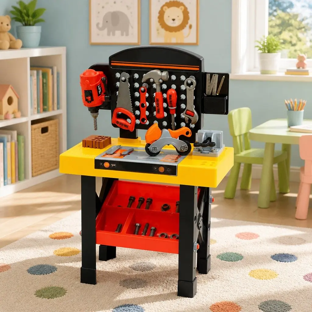 Kids Tool Set Plastic 54 Piece Red Workbench for Imaginative Role Play
