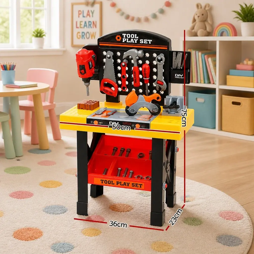 Kids Tool Set Plastic 54 Piece Red Workbench for Imaginative Role Play