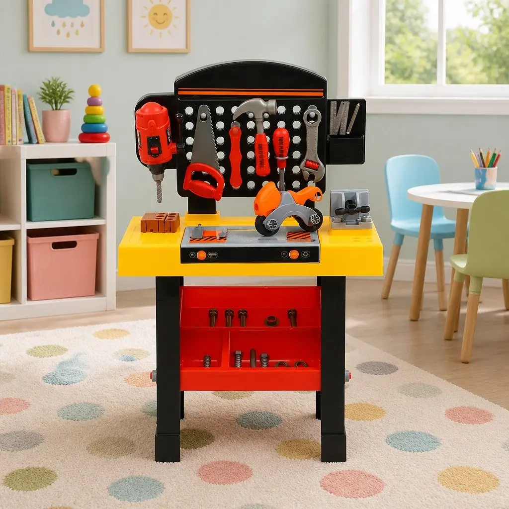 Kids Tool Set Plastic 54 Piece Red Workbench for Imaginative Role Play