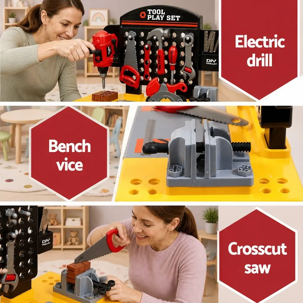 Kids Tool Set Plastic 54 Piece Red Workbench for Imaginative Role Play