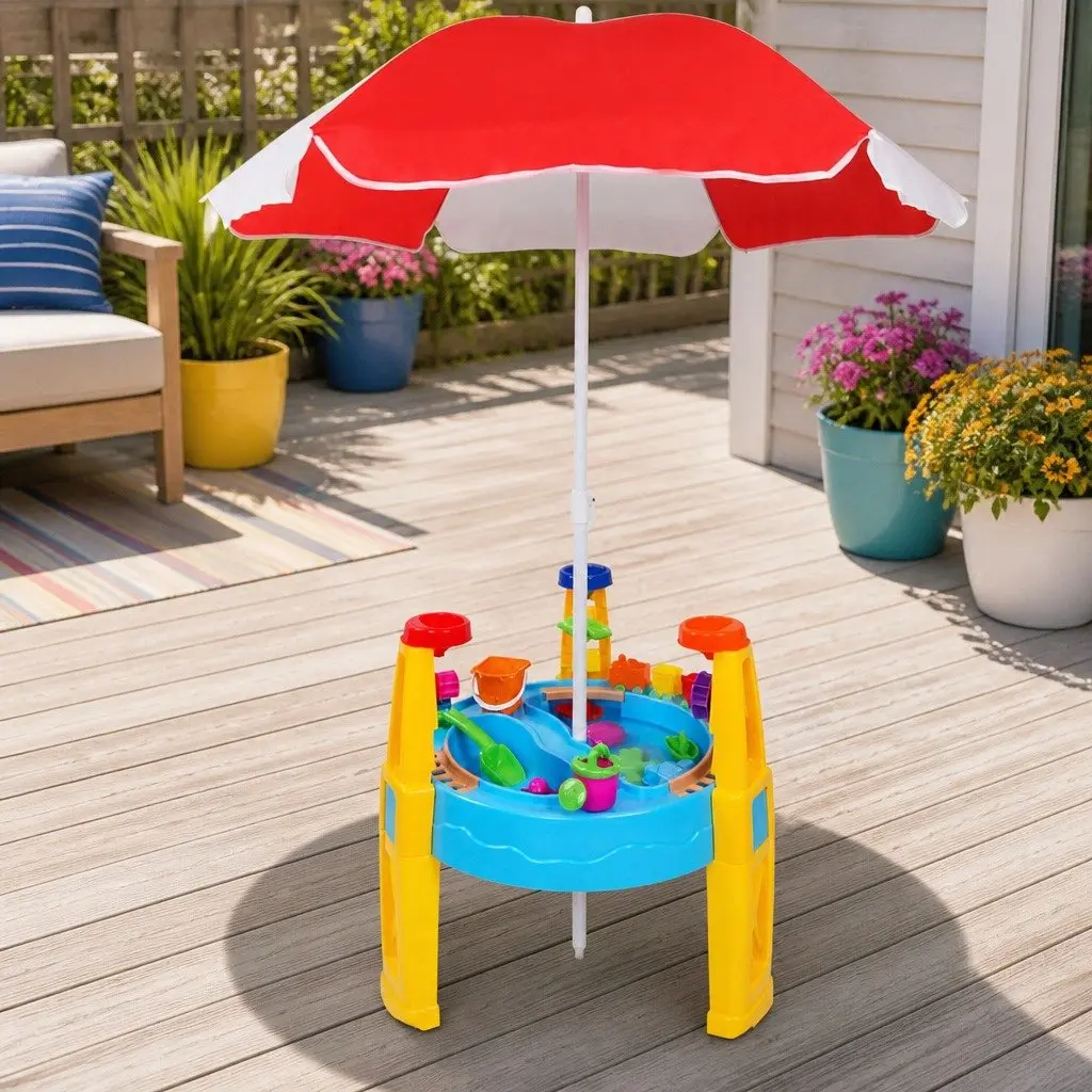 Outdoor Toy Play Set Kids Sand and Water Table with Umbrella Multi-Coloured Non-Toxic Plastic 54 x 63 cm 26 Accessory Pieces