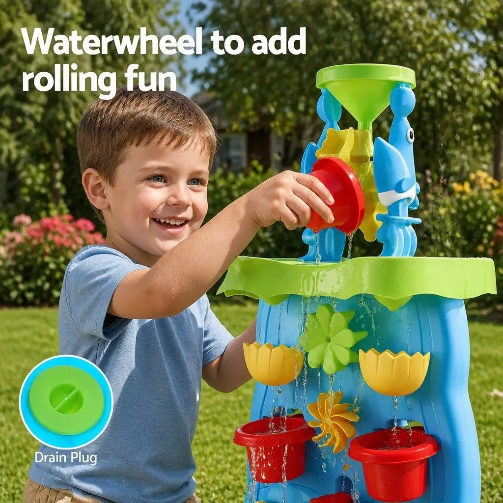 Kids Outdoor Play Set Multicolour Sand and Water Table with Movable Waterwheel and Waterfall Feature 43cm x 34cm x 92cm Plastic