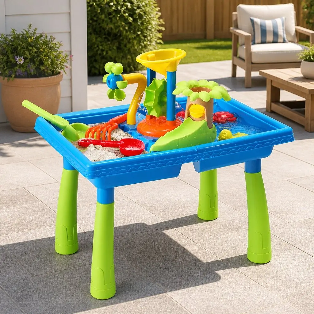 Kids Outdoor Water and Sand Table Plastic Multicolour with Rotating Windmill Movable Waterwheel Water Slide 57cm x 39cm x 56cm