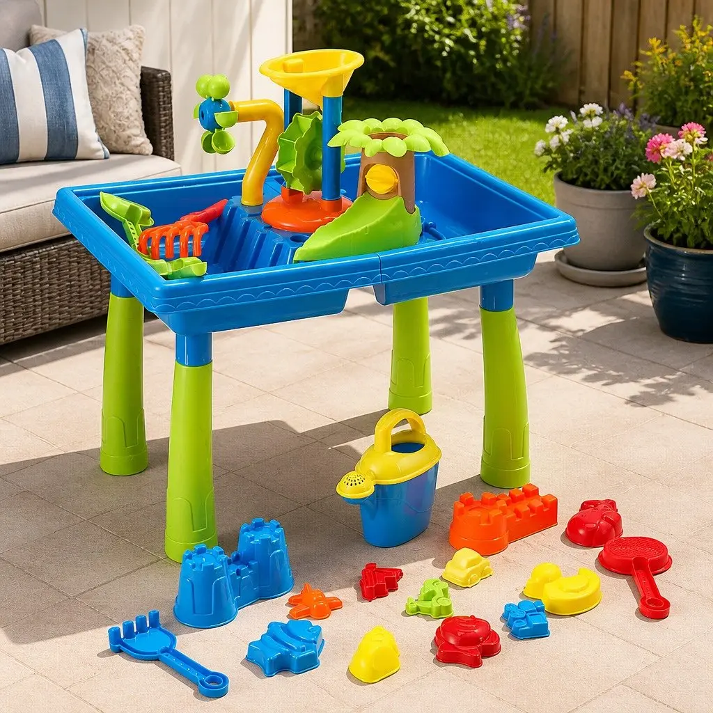 Kids Outdoor Water and Sand Table Plastic Multicolour with Rotating Windmill Movable Waterwheel Water Slide 57cm x 39cm x 56cm