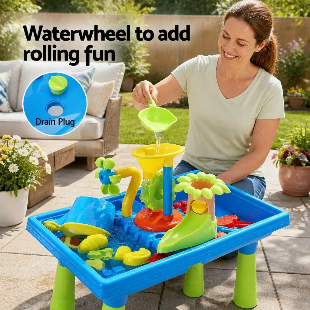 Kids Outdoor Water and Sand Table Plastic Multicolour with Rotating Windmill Movable Waterwheel Water Slide 57cm x 39cm x 56cm