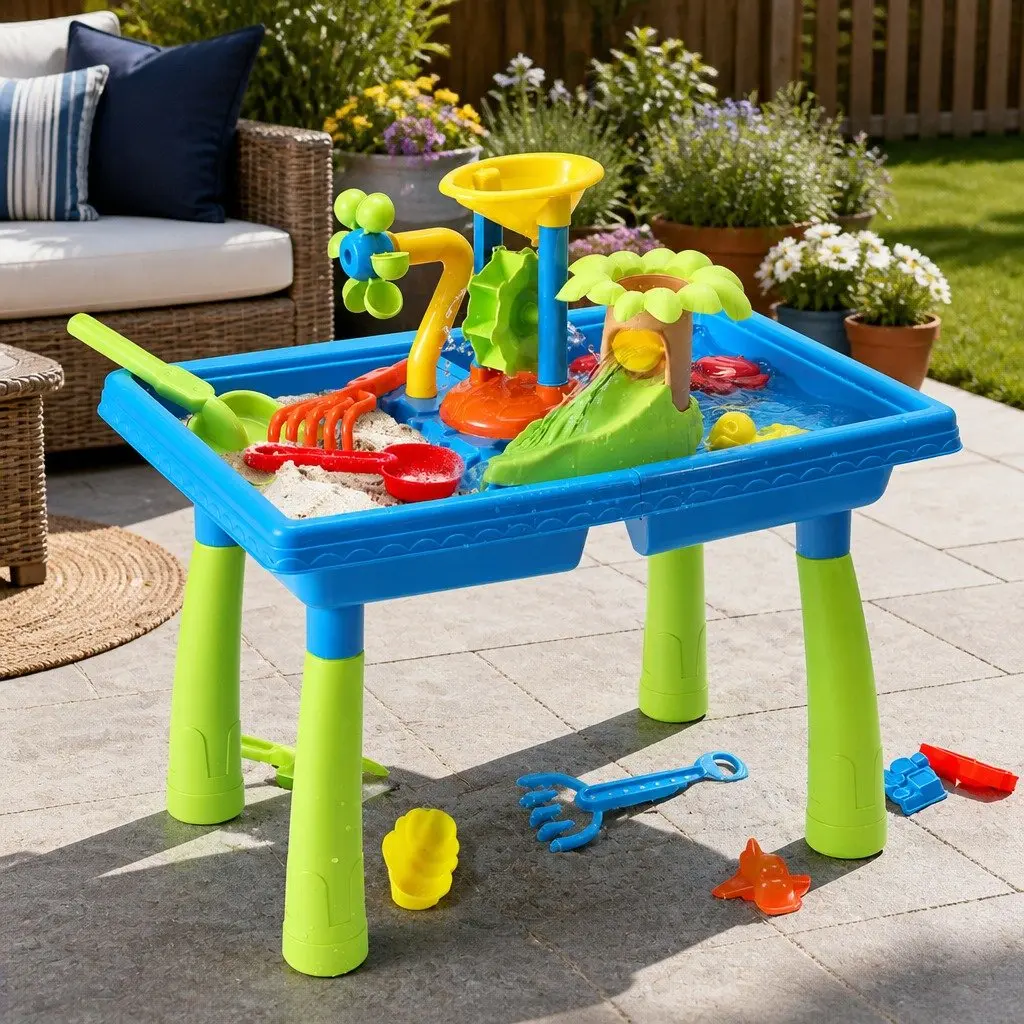 Kids Outdoor Water and Sand Table Plastic Multicolour with Rotating Windmill Movable Waterwheel Water Slide 57cm x 39cm x 56cm