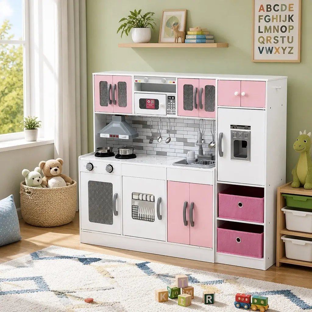 Kids Wooden Kitchen Playset 2-Piece Modular Toy Pink 100CM