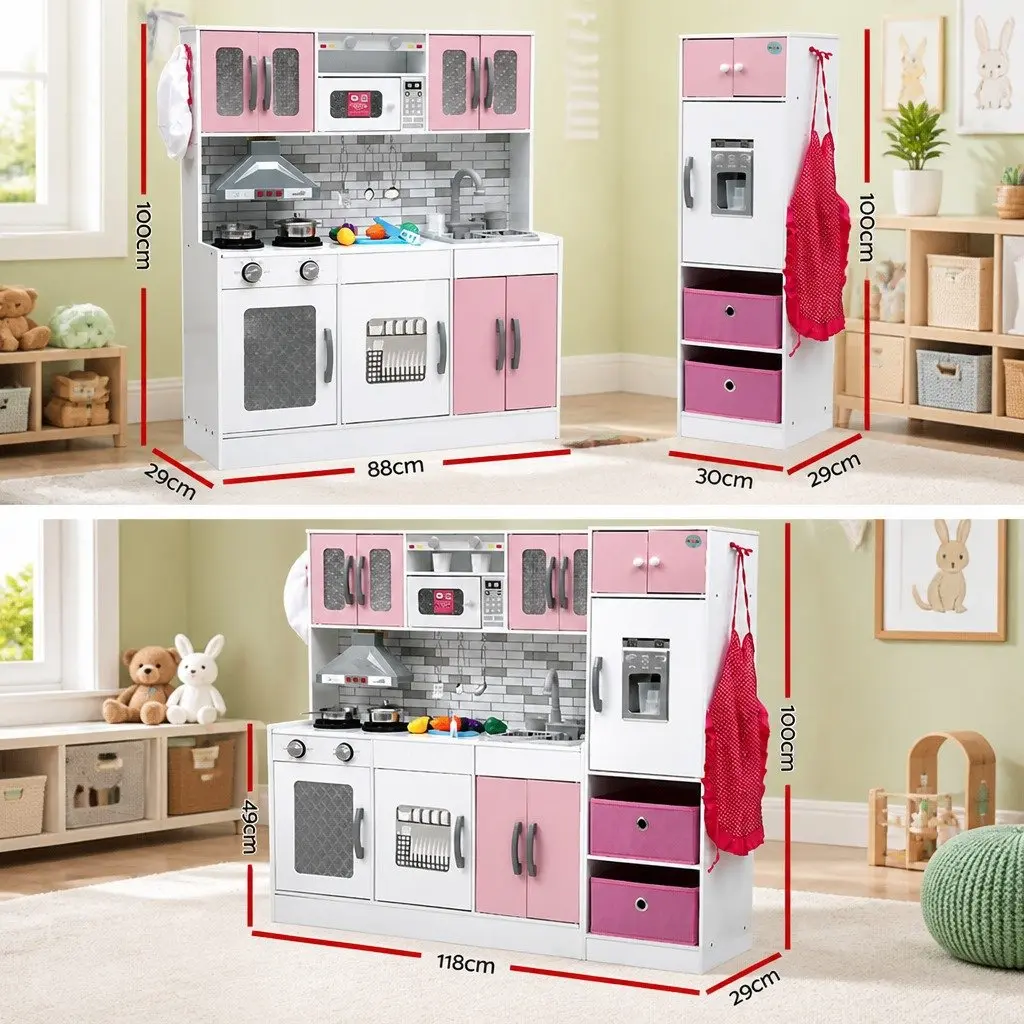 Kids Wooden Kitchen Playset 2-Piece Modular Toy Pink 100CM
