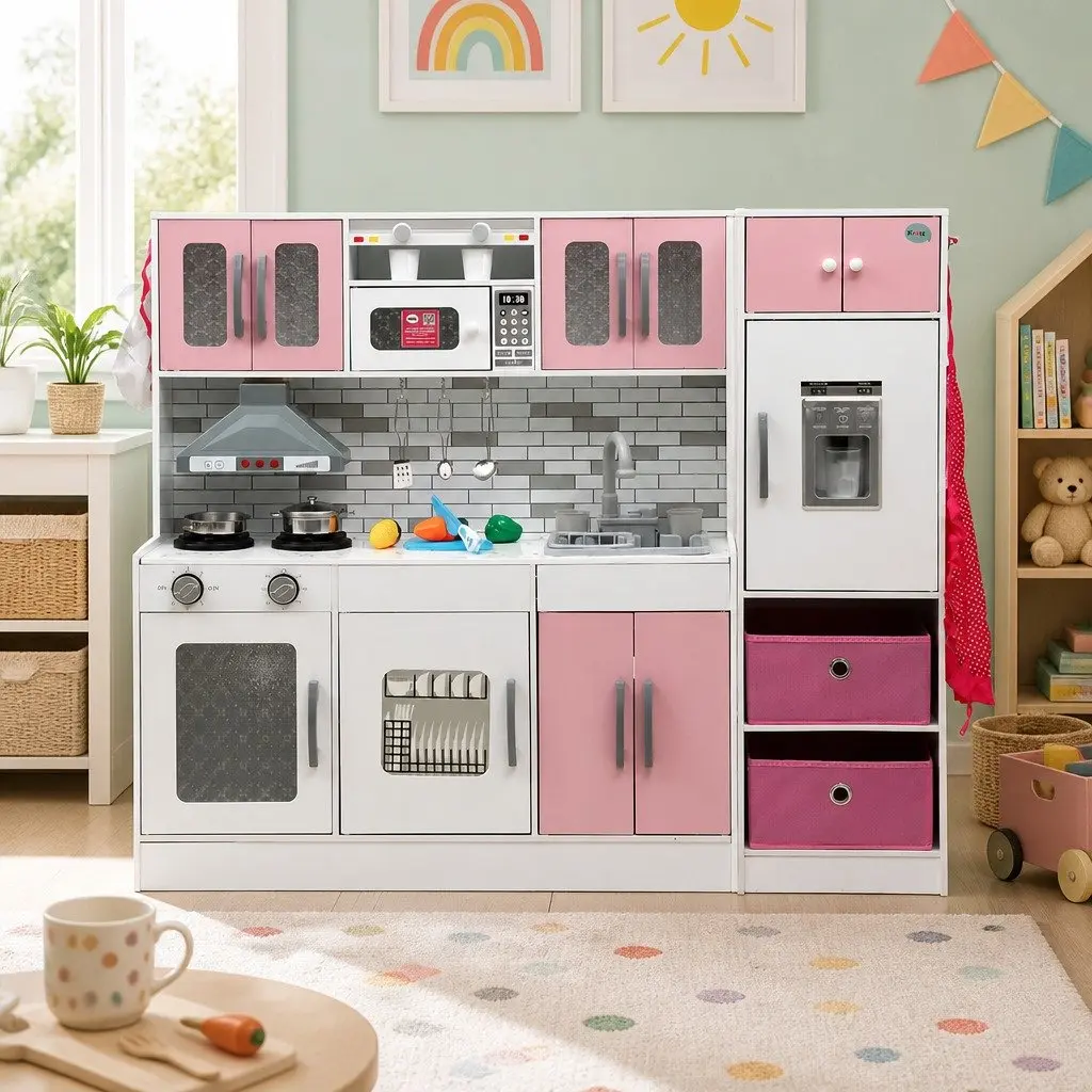 Kids Wooden Kitchen Playset 2-Piece Modular Toy Pink 100CM