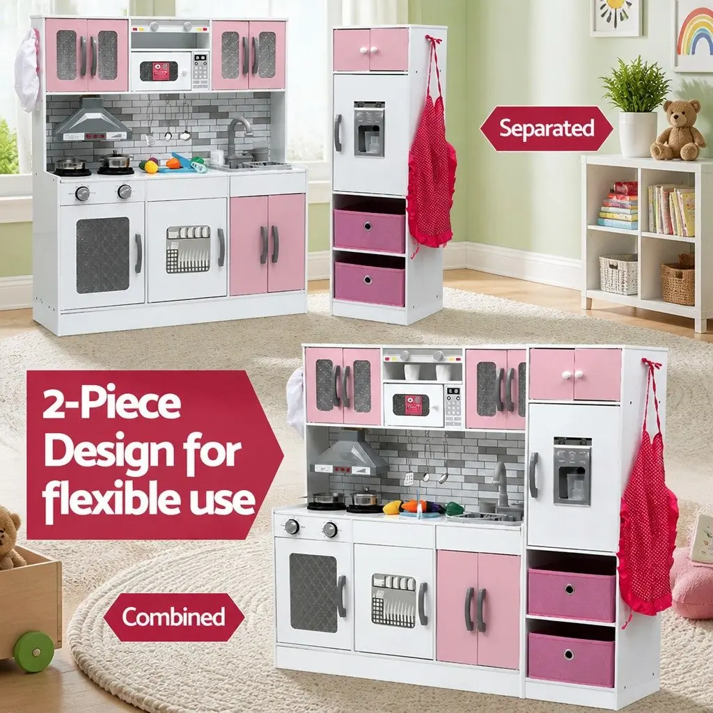 Kids Wooden Kitchen Playset 2-Piece Modular Toy Pink 100CM