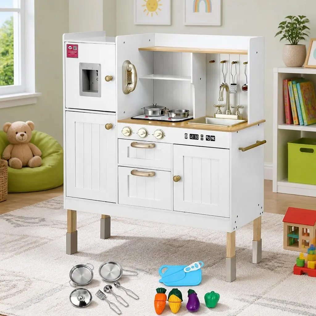 Wooden Kitchen Play Set MDF and Solid Wood 81cm x 29cm x 101cm White and Gold