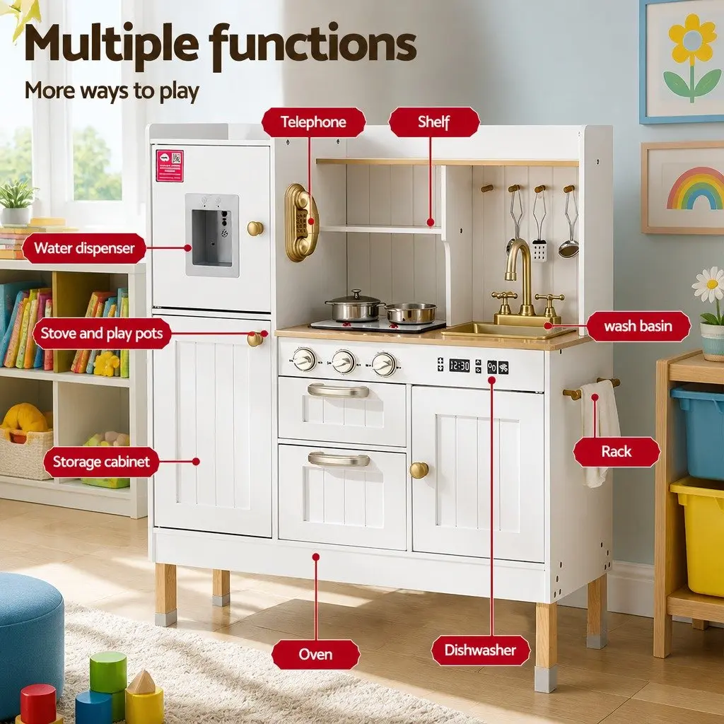 Wooden Kitchen Play Set MDF and Solid Wood 81cm x 29cm x 101cm White and Gold