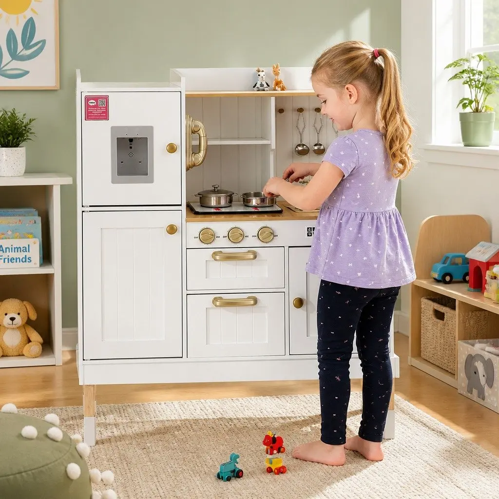 Wooden Kitchen Play Set MDF and Solid Wood 81cm x 29cm x 101cm White and Gold