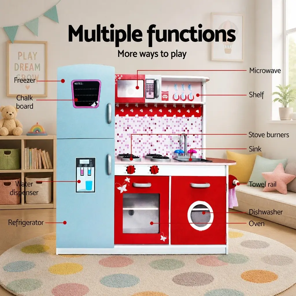 Wooden Kitchen Play Set Pretend Cooking Toys Realistic Appliances Storage Pink Size 105x31x97cm