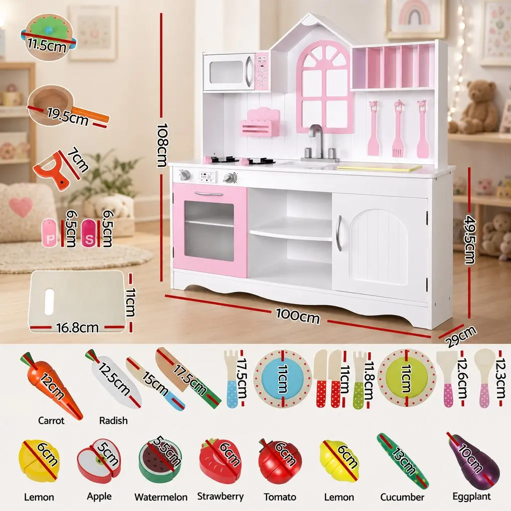 Wooden Kids Pretend Kitchen Playset with 29pc Food Set White Pink Princess Style