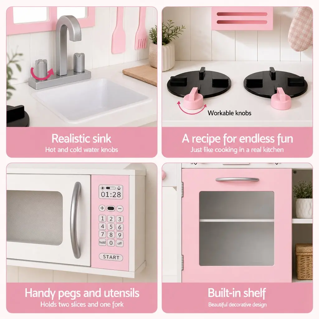 Wooden Kids Pretend Kitchen Playset with 29pc Food Set White Pink Princess Style