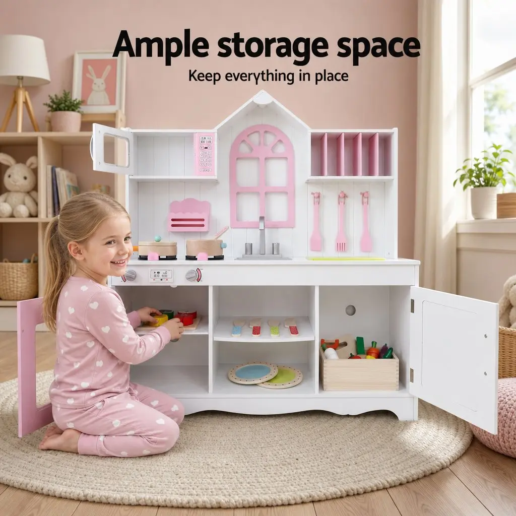 Wooden Kids Pretend Kitchen Playset with 29pc Food Set White Pink Princess Style