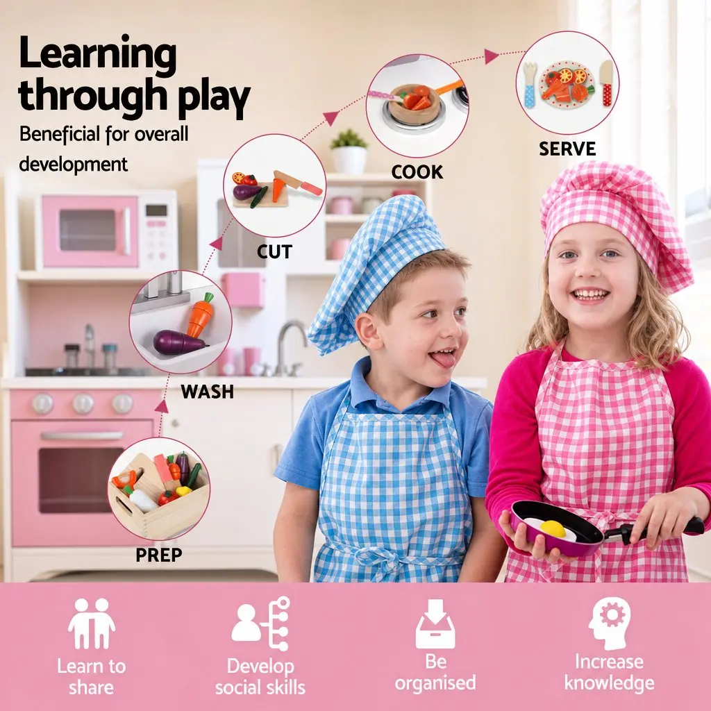 Wooden Kids Pretend Kitchen Playset with 29pc Food Set White Pink Princess Style