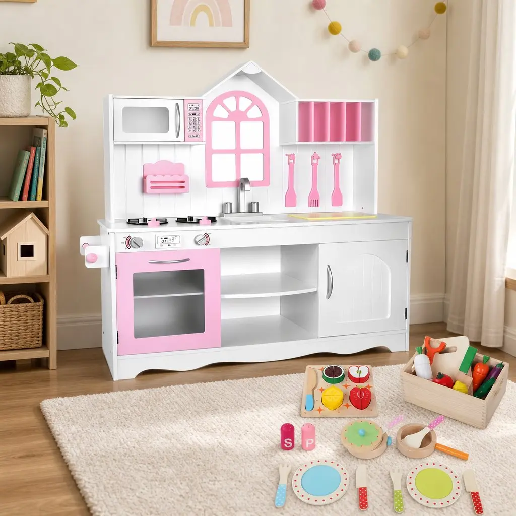 Wooden Kids Pretend Kitchen Playset with 29pc Food Set White Pink Princess Style