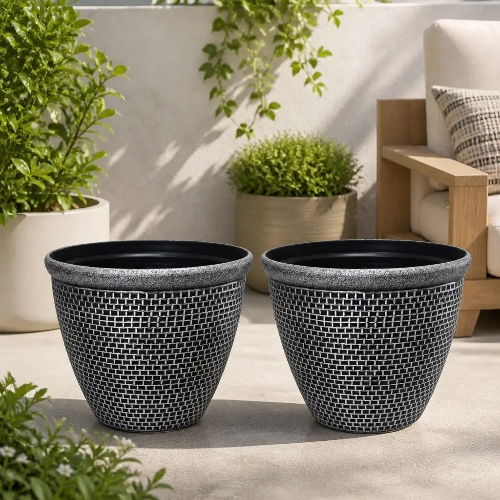 Plastic Plant Pots 30cm Outdoor Garden Planter Set 2 Pcs Drainage Holes