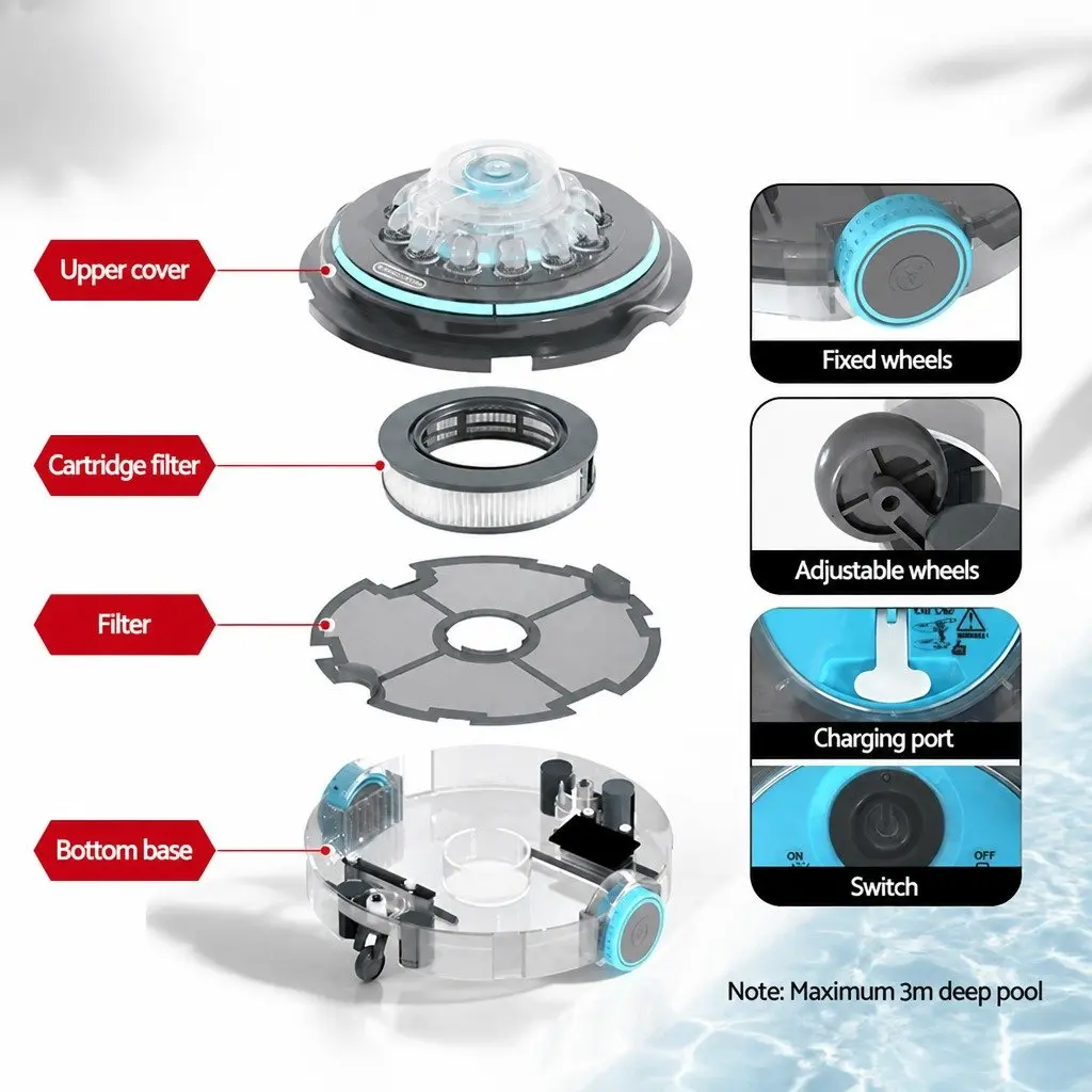 Robotic Pool Cleaner Automatic Vacuum Cordless Grey Plastic Suitable for Above Ground and Small In Ground Pools Up to 3m Depth