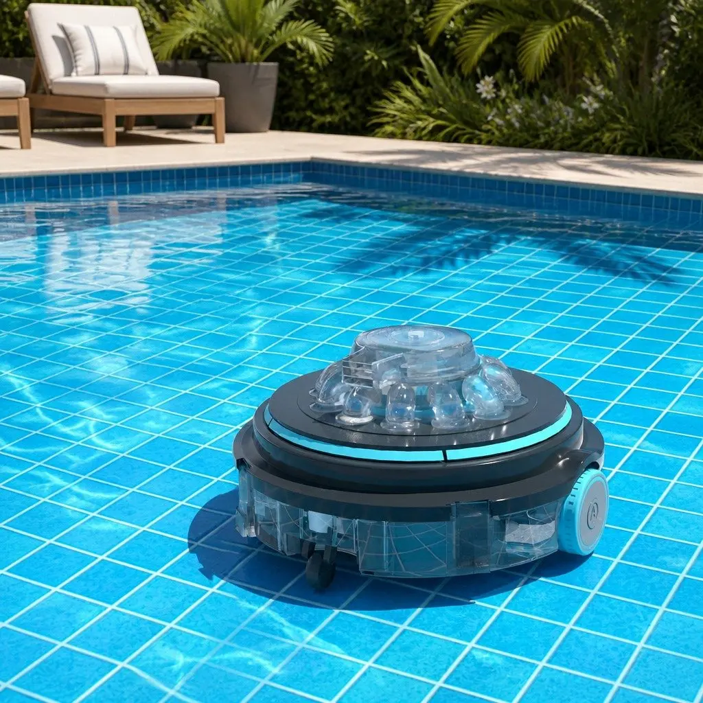 Robotic Pool Cleaner Automatic Vacuum Cordless Grey Plastic Suitable for Above Ground and Small In Ground Pools Up to 3m Depth