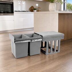 Pull Out Bin Double Basket 2x15L Grey Kitchen Waste Cabinet Storage Sliding