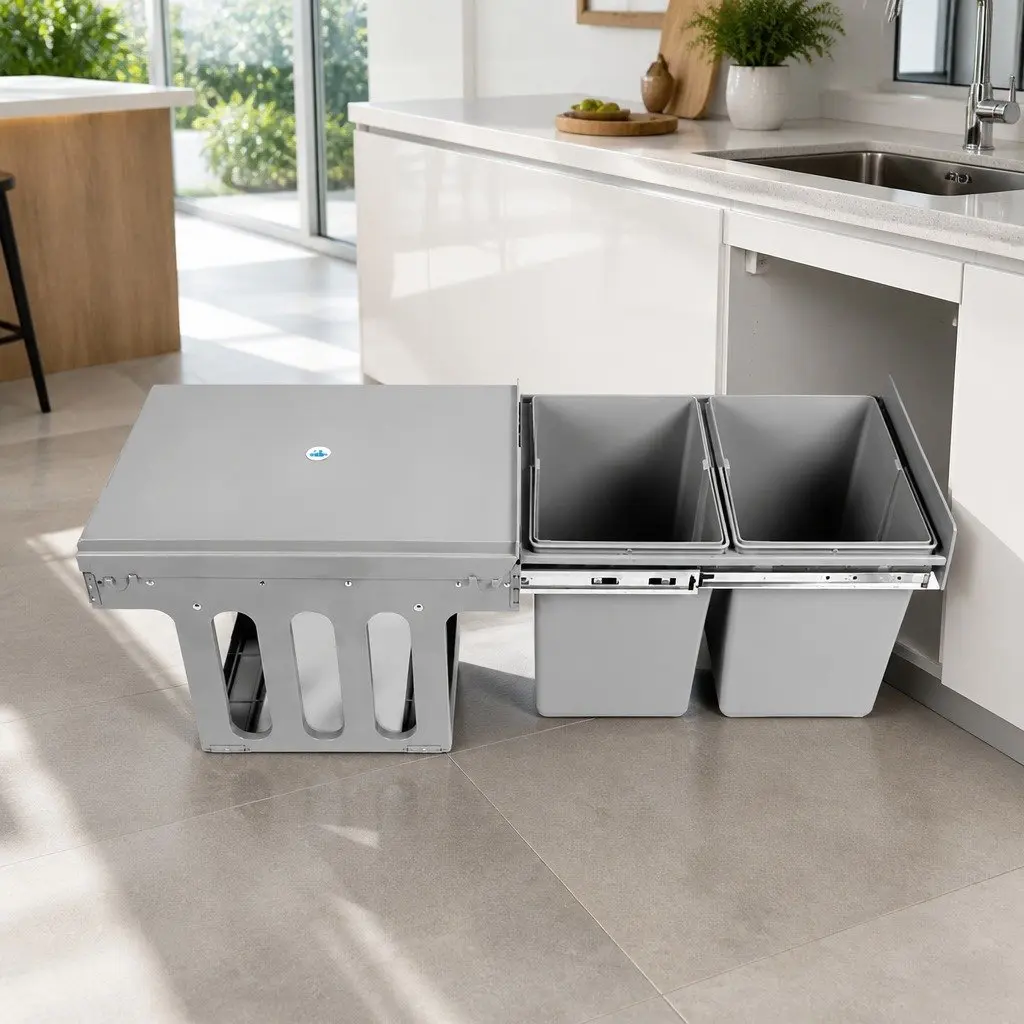 Pull Out Bin Double Basket 2 Compartment 30L Grey Kitchen Waste Cabinet Storage Sliding