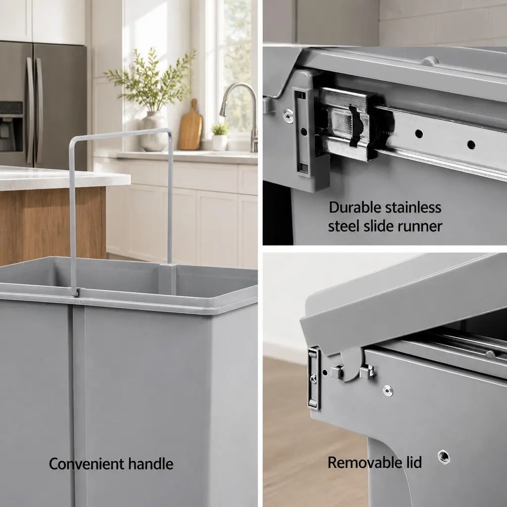 Pull Out Bin Double Basket 2 Compartment 30L Grey Kitchen Waste Cabinet Storage Sliding