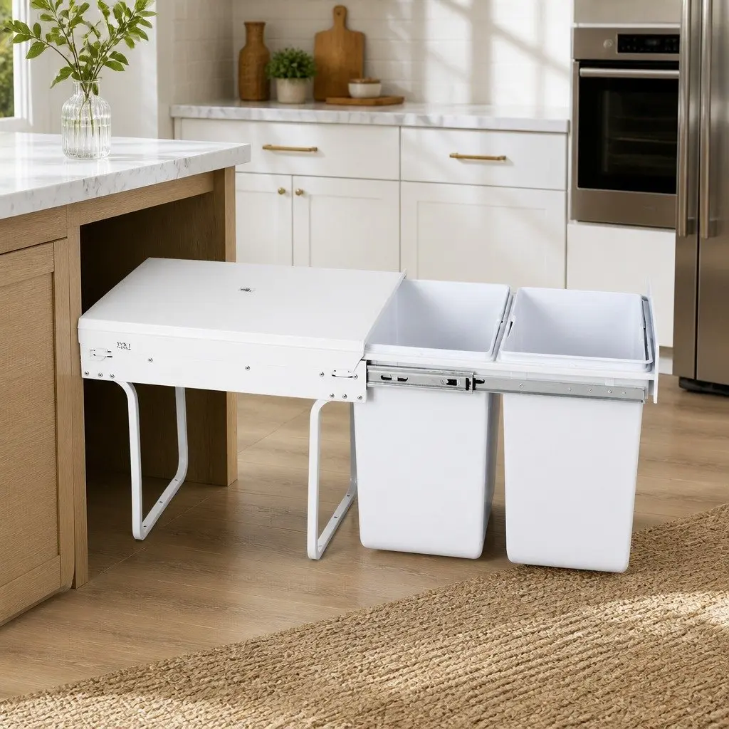 Under Bench Waste Organizer Dual Compartment Pull Out Bin 2x20L White Steel ABS Polypropylene