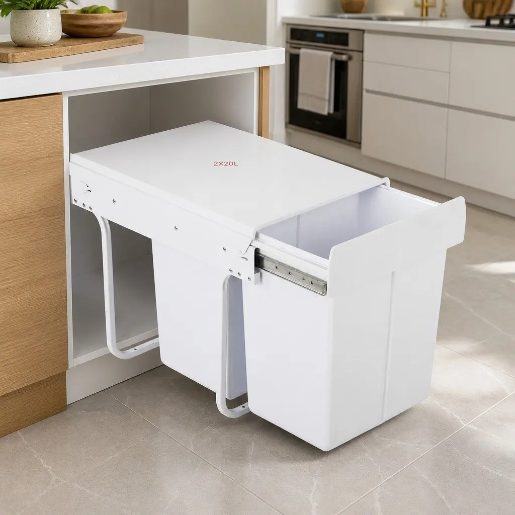 Under Bench Waste Organizer Dual Compartment Pull Out Bin 2x20L White Steel ABS Polypropylene